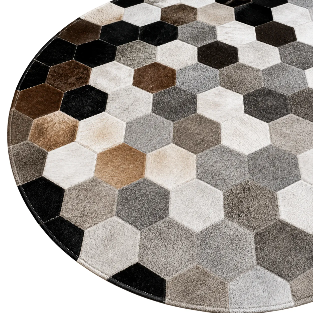 Round Hexagon Patchwork Cowhide Rug Black Brown Gray White - 2