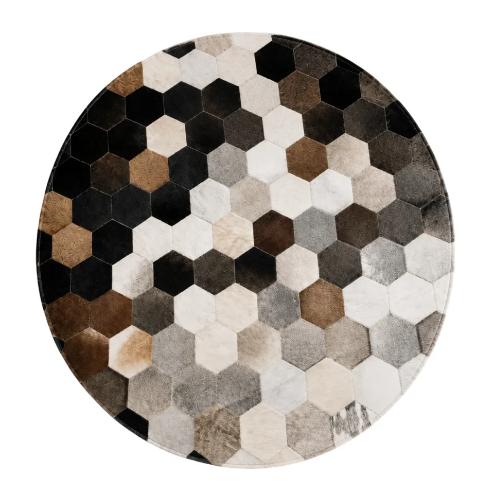 Round Hexagon Patchwork Cowhide Rug Black Brown Gray White
