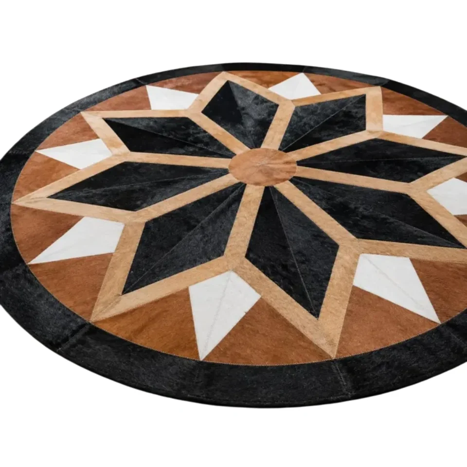 Round Geometric Star Patchwork Cowhide Rug Black Brown White - 1