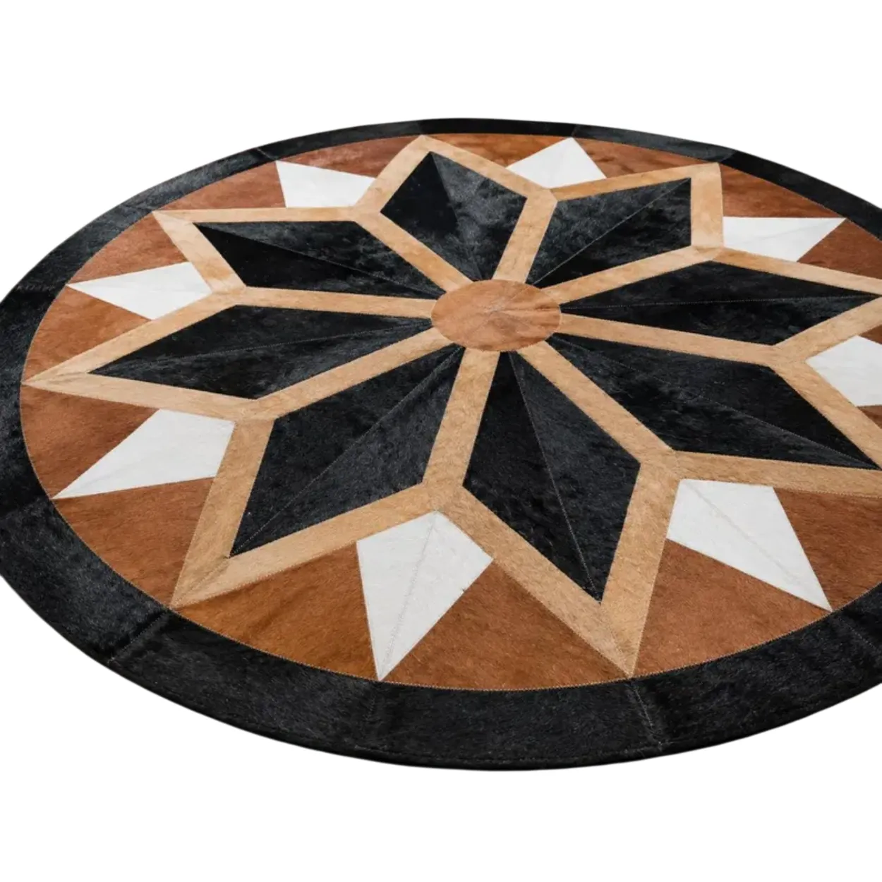 Round Geometric Star Patchwork Cowhide Rug Black Brown White - 1