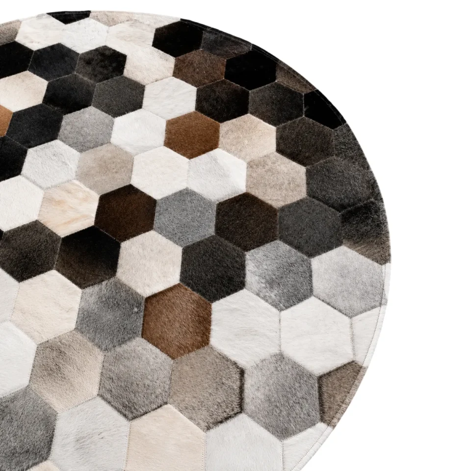 Round Hexagon Patchwork Cowhide Rug Black Brown Gray White - 1