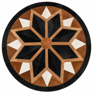 Round Geometric Star Patchwork Cowhide Rug Black Brown White