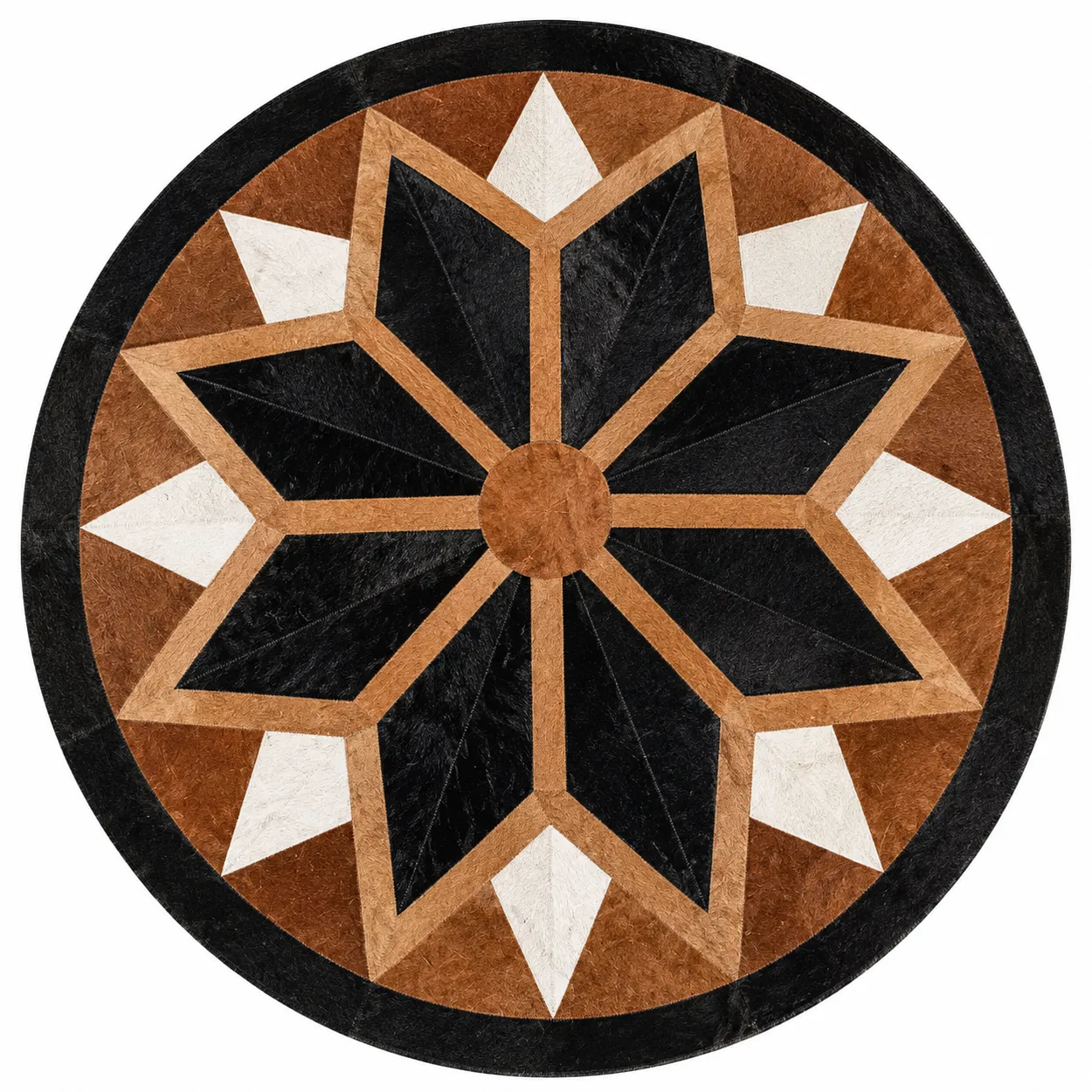 Round Geometric Star Patchwork Cowhide Rug Black Brown White